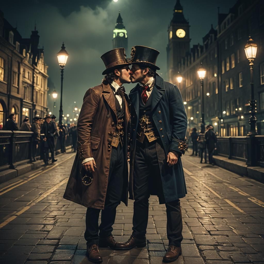Steampunk Romance on London Bridge at Night