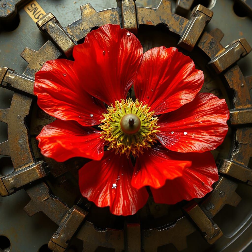 Steampunk Gear with Red Poppy in Industrial Style