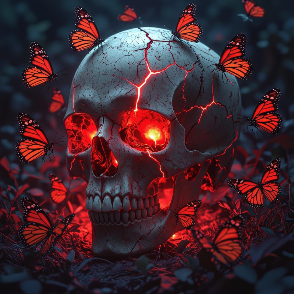 Skull With Red Glowing Eyes and Butterflies in Dark Fantasy ...