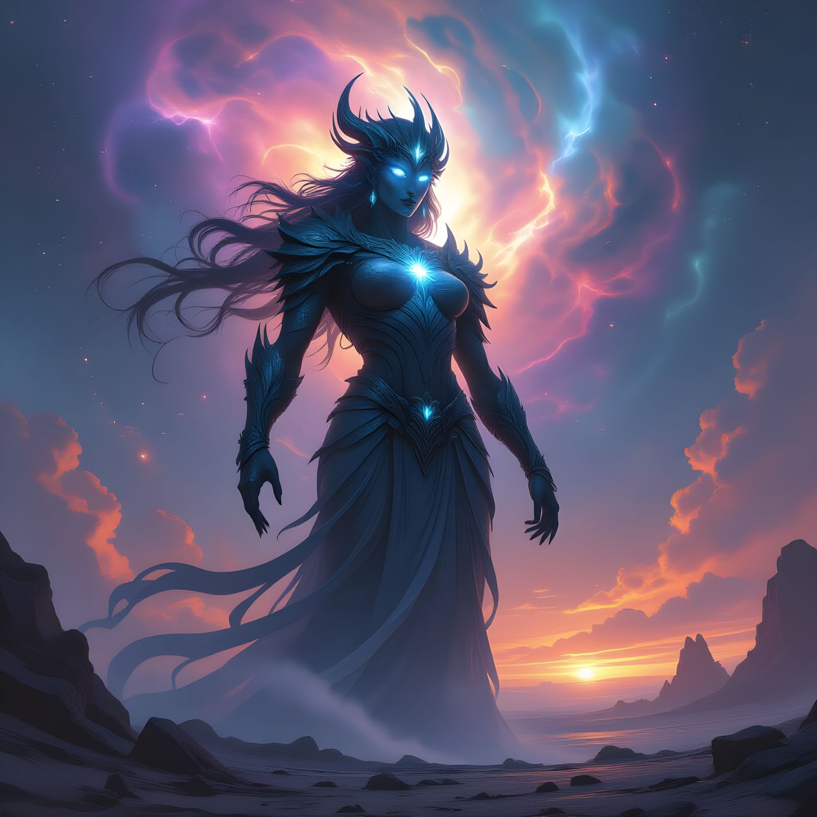 Cosmic Titaness Guards Alien Planet in Splash Art Style