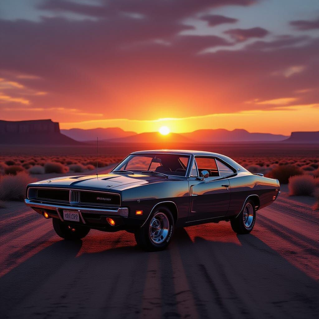 1969 Dodge Charger on Desert Route 66 at Sunset
