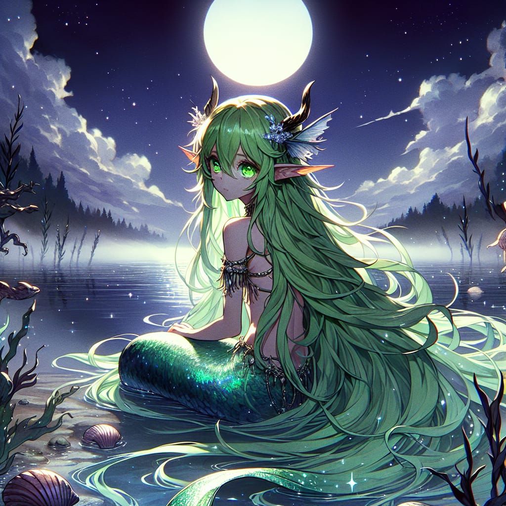 Anime Satyr Mermaid in Misty Moonlight