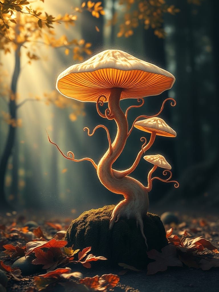 Ethereal Bonsai Mushroom in Watercolor Style