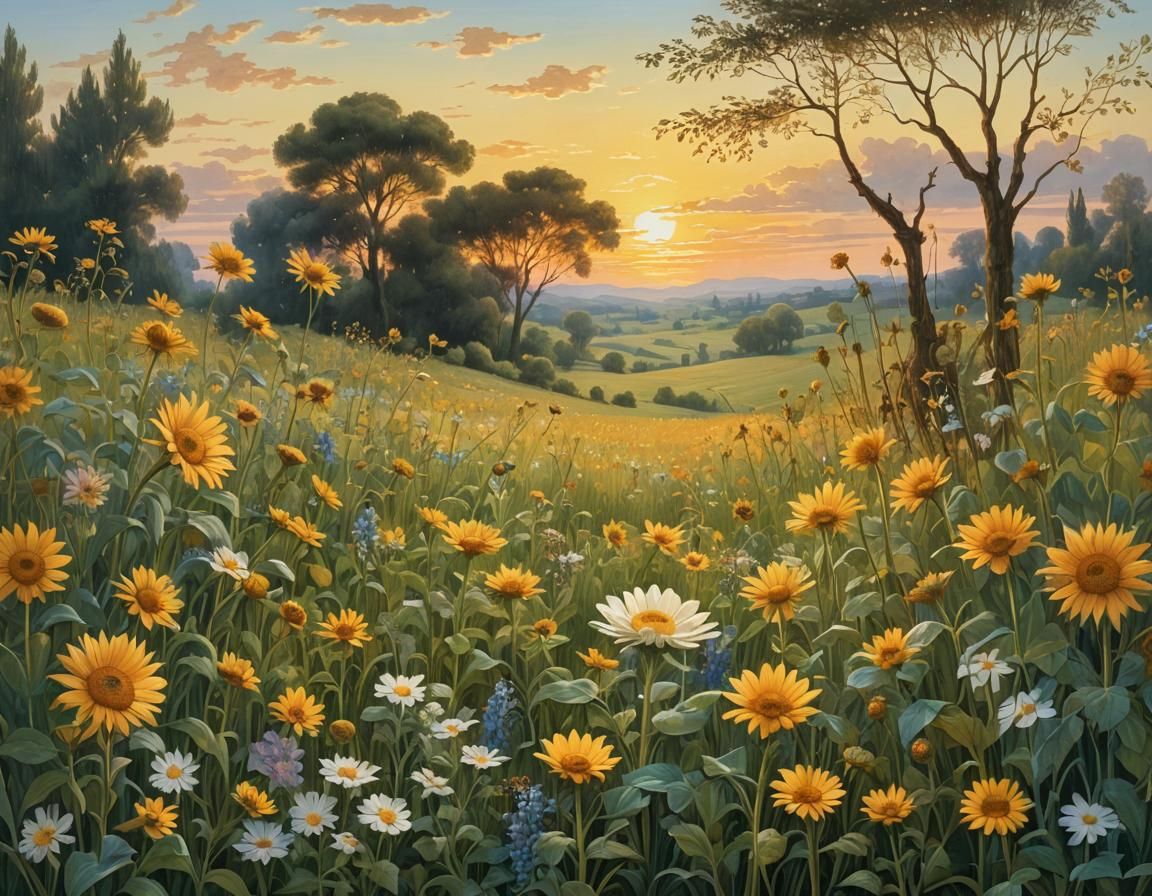 Sunrise Flower Field in Leonardo da Vinci Style