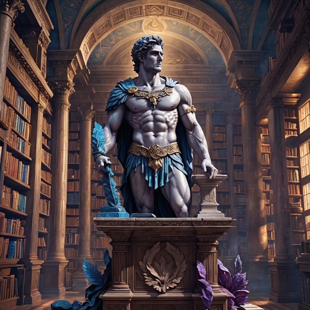 Apollon in Temple Library: Hyperrealistic Digital Art
