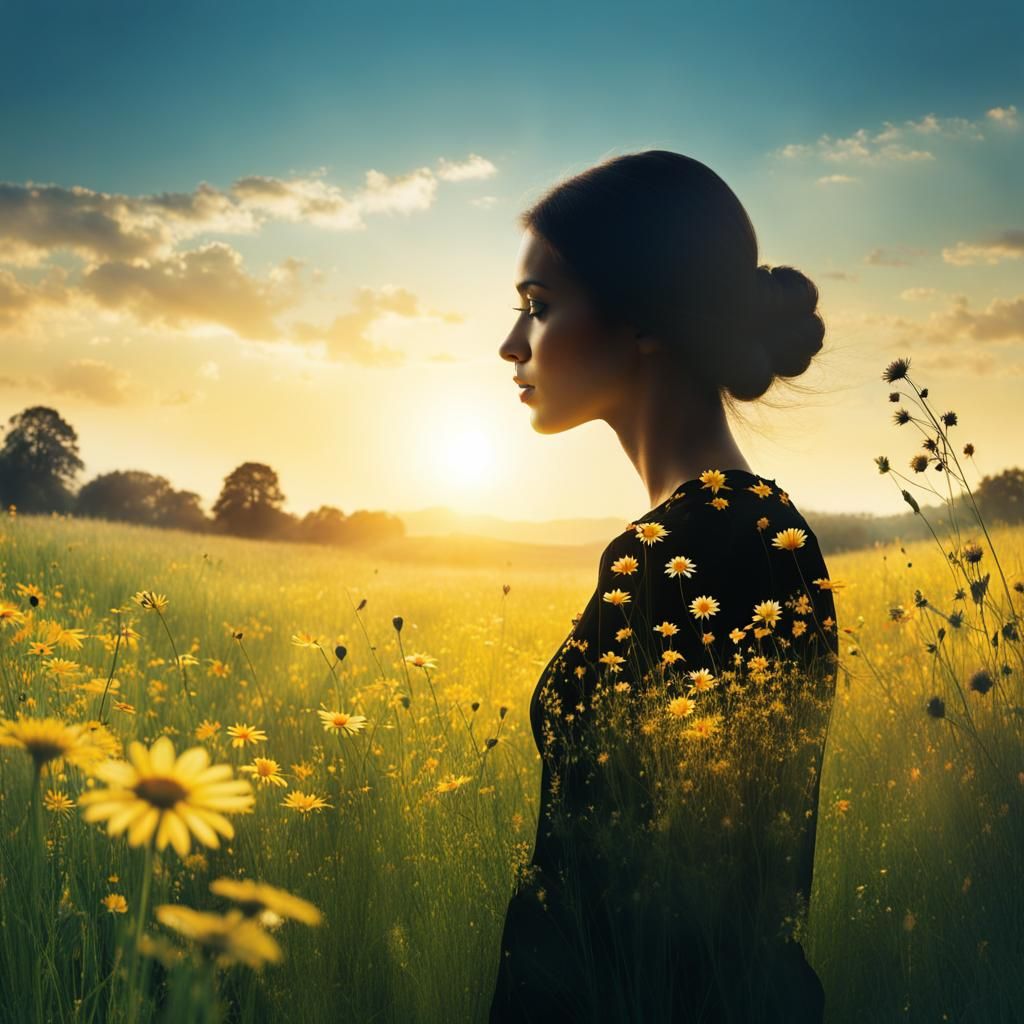 Double Exposure: Meadow and Woman in Harmony