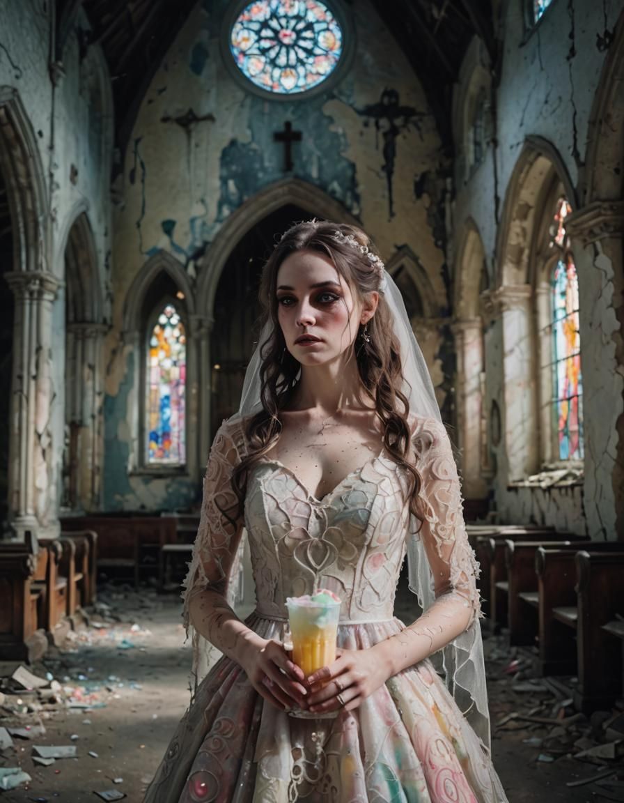 Pastel Gothic Bride with Slushie in Abandoned Church