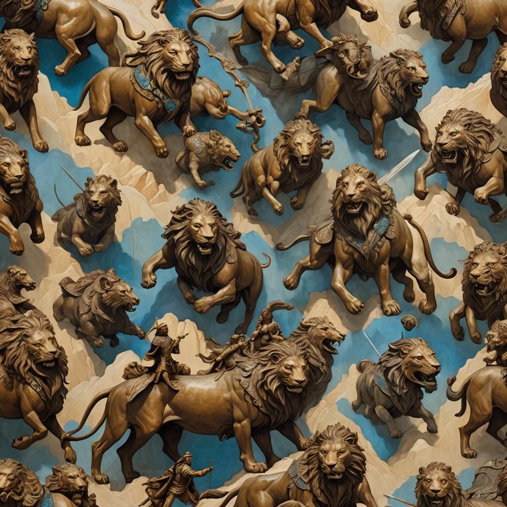 Bronze Hybrid Warriors in Mountain Landscape, Da Vinci Style