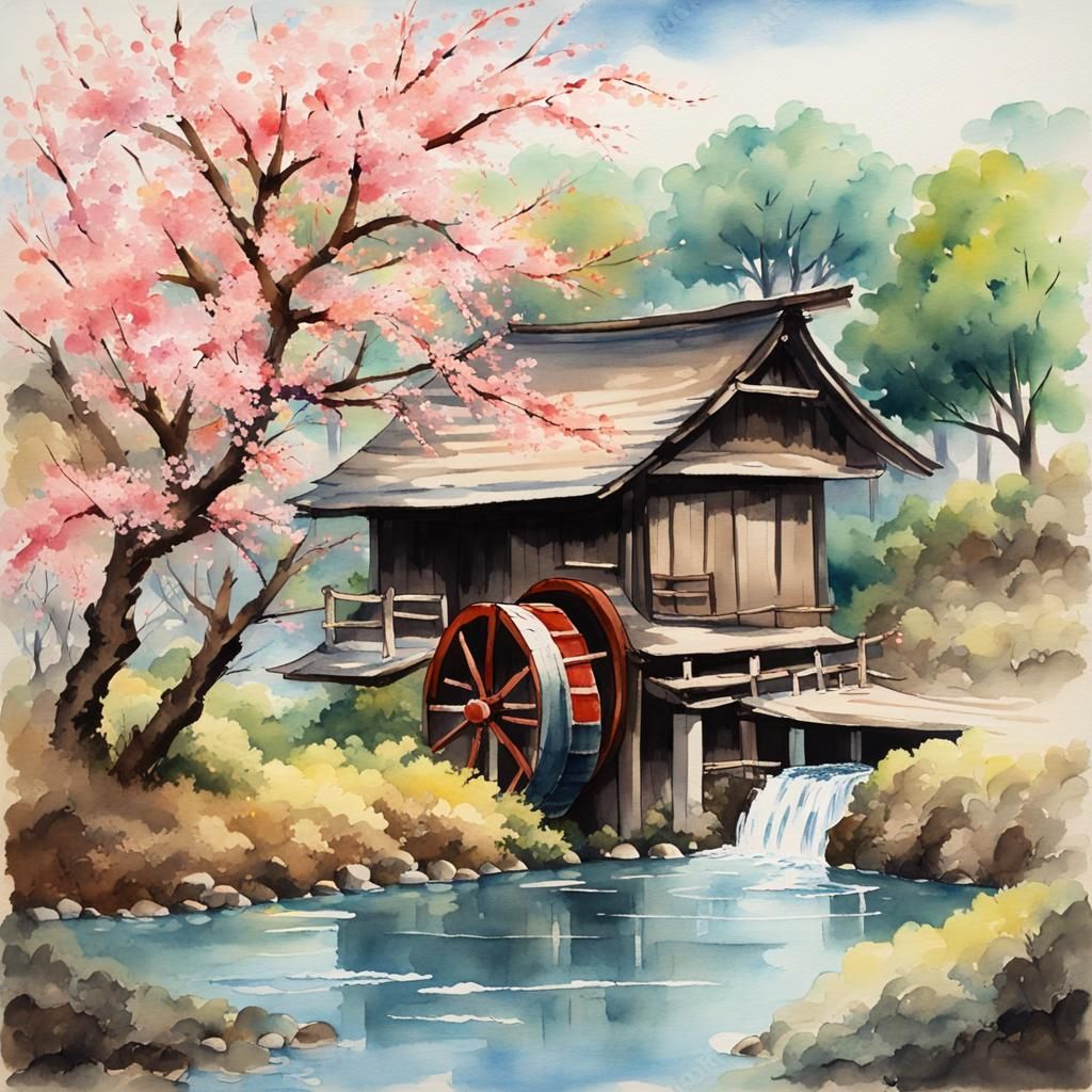 Japanese Hut Watercolor Painting with Water Wheel