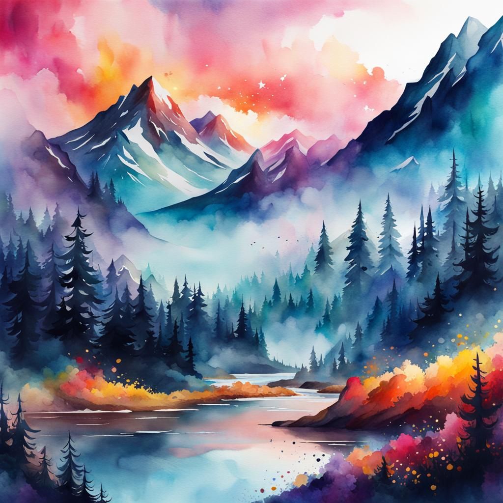 Epic Watercolor Mountain Digital Illustration