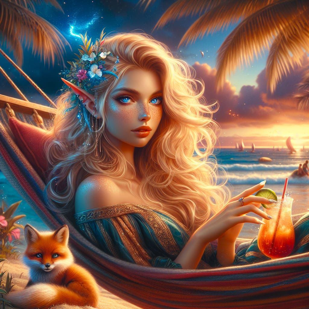 Elf Fairy Relaxing on Beach at Sunset