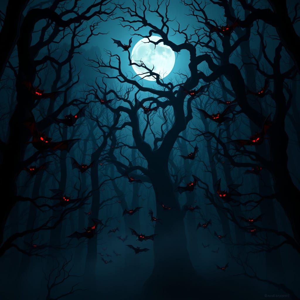 Dark Fantasy Bats in Haunting Forest