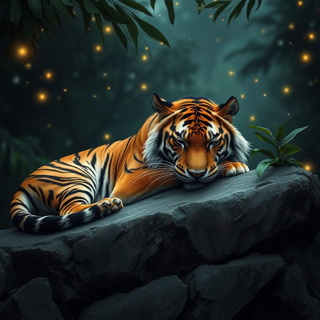 Tiger Slumbers in Twilight Jungle