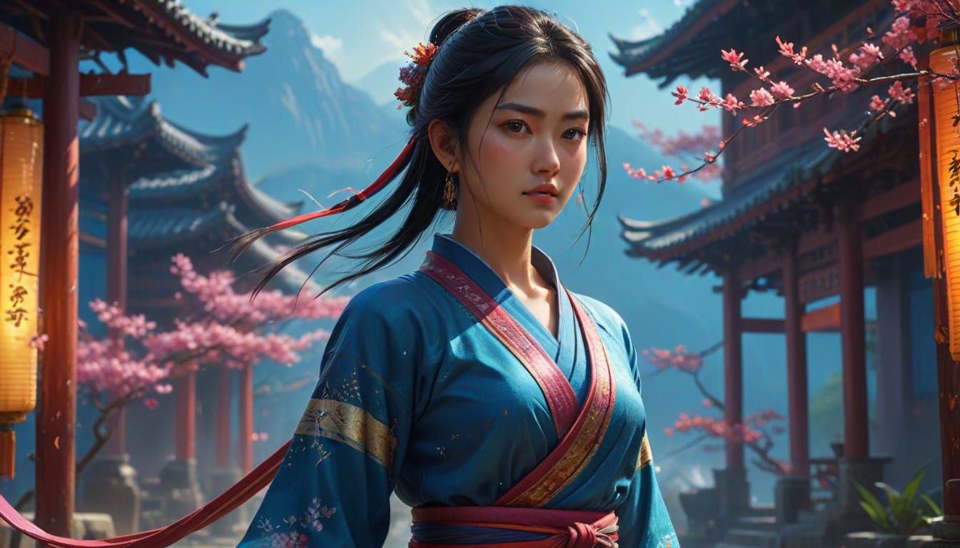 cute wuxia Bol;lywood Actress  Hyperrealistic, splash art, c...