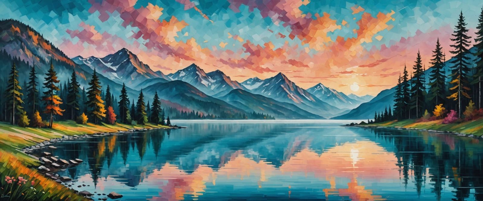 Misty Alpine Lake at Dawn in Impasto Style