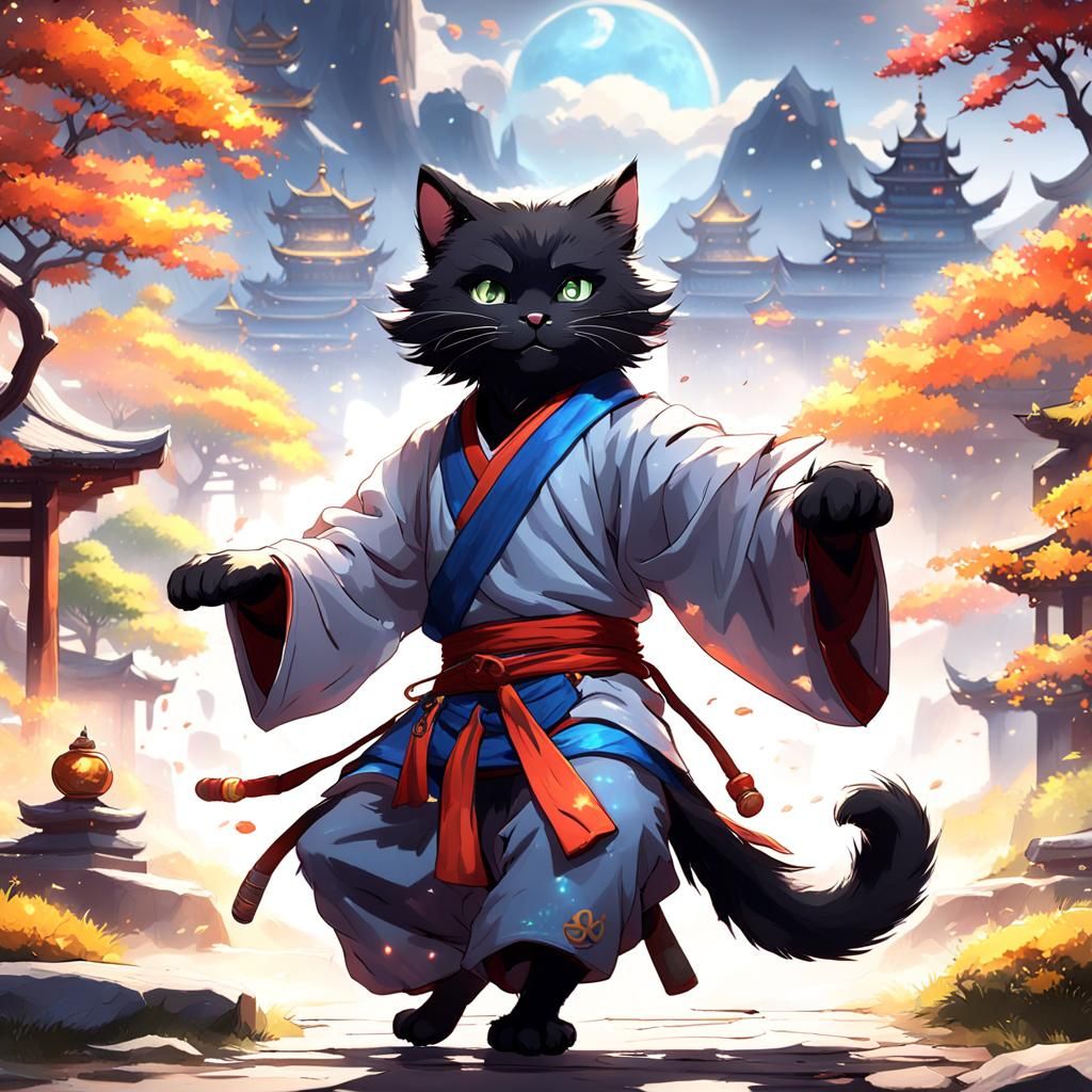 Black Kitty Monk Doing Tai Chi in Anime Style