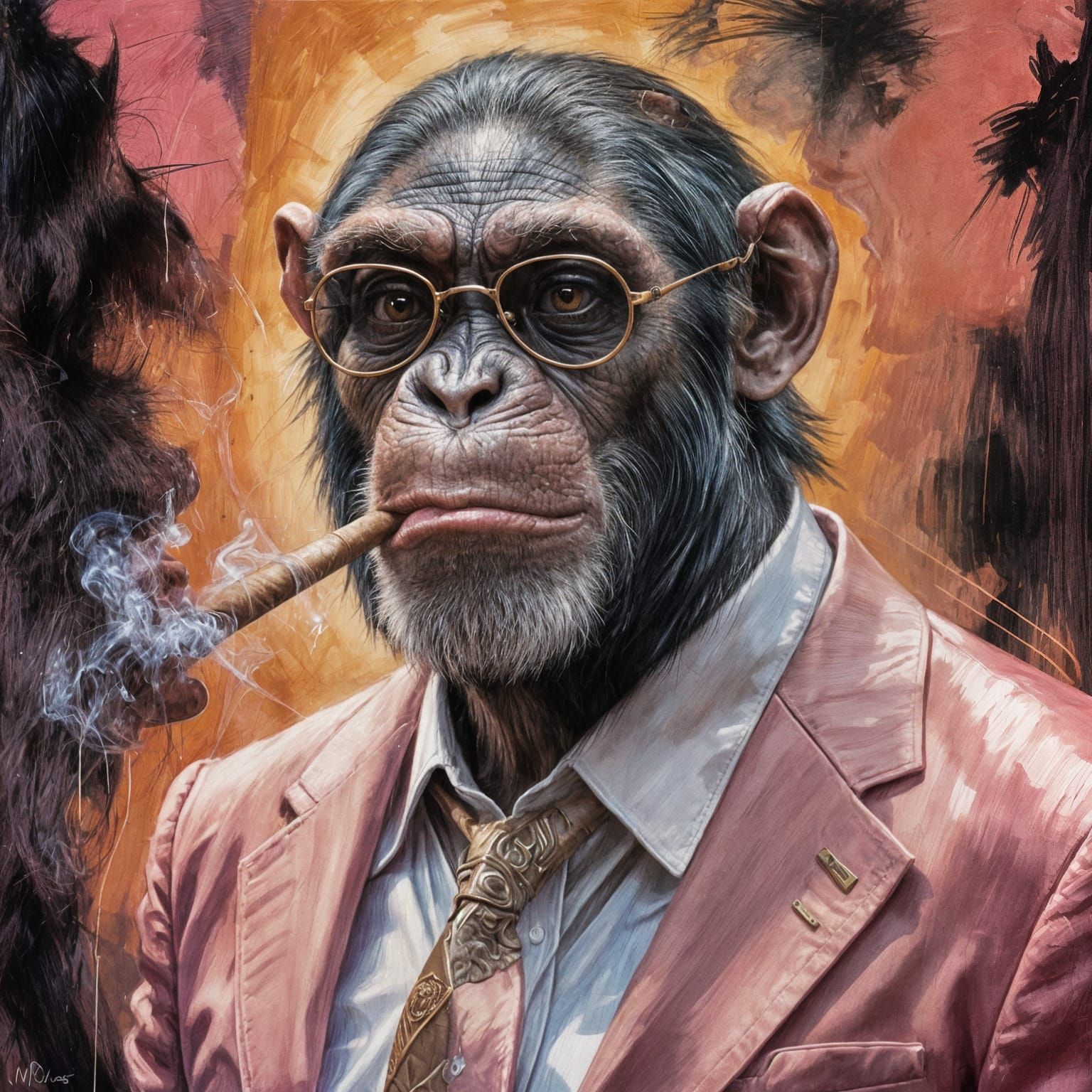 Sad Chimp Smoking Cigar in Pink Suit