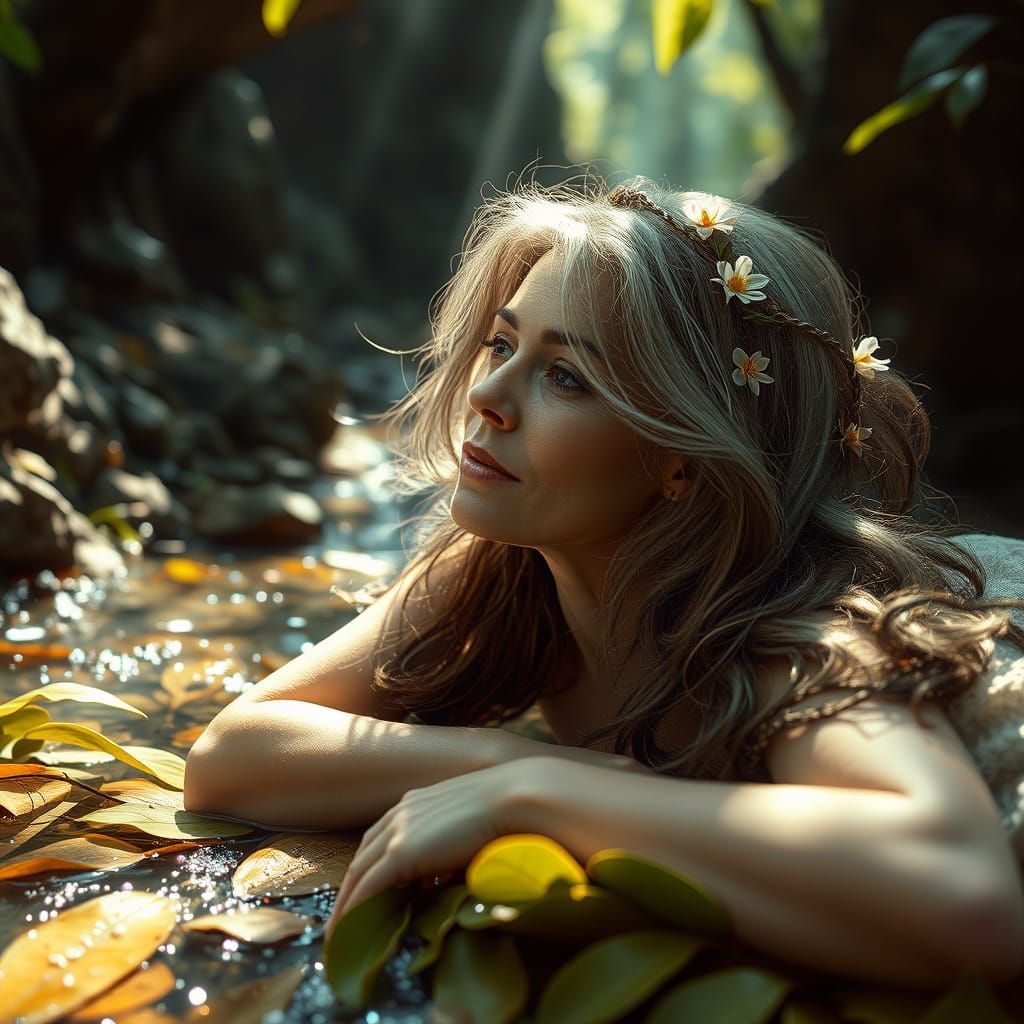 Ethereal Woman in Forest Grotto: Hyperrealistic Rendering