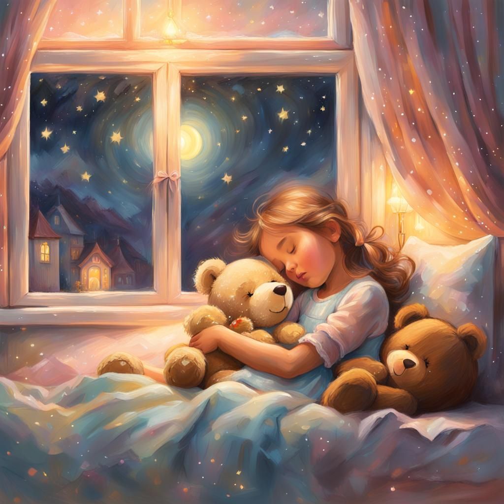 Dreamy Painting of Sleeping Girl with Teddy Bear