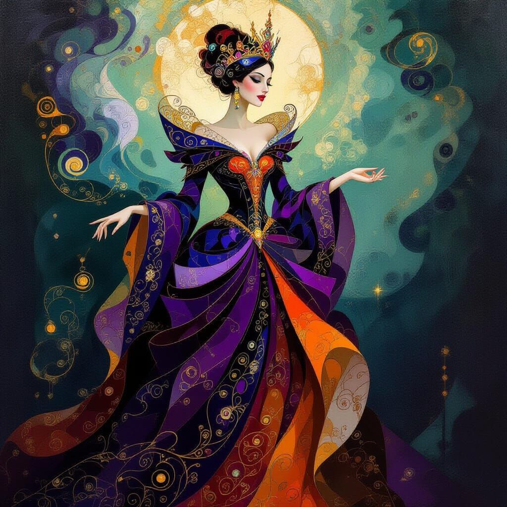 Regal Halloween Queen in Ornate, Abstract Style