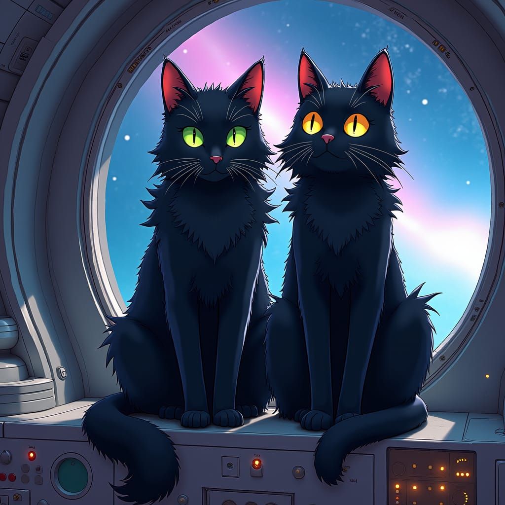 Black Cats on Spaceship in Studio Trigger Anime Style