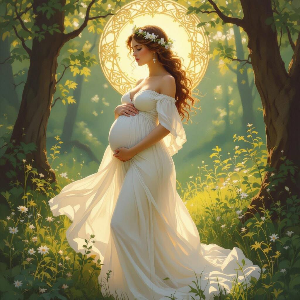 A pregnant wood nymph stands in a sun-dappled forest clearin...