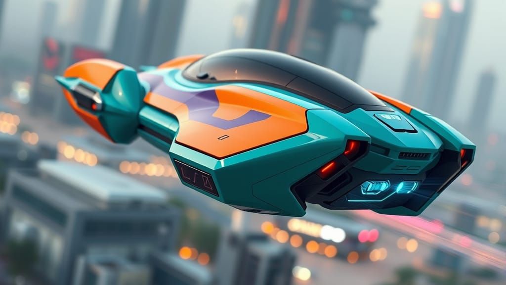 Cyberpunk Hover Speeder in Mid-Air, Teal, Orange, Purple Des...