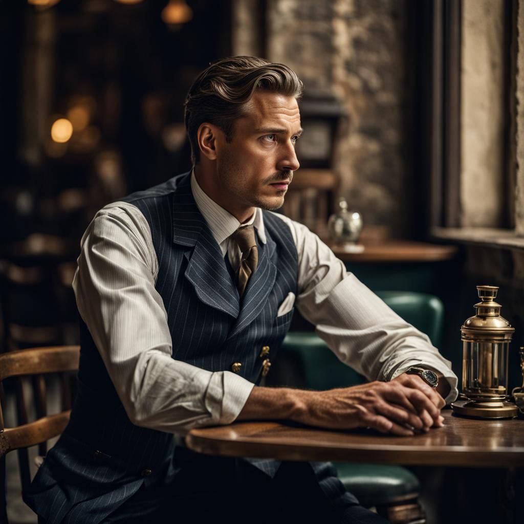 Pensive Man in Cobblestone Cafe During WWII