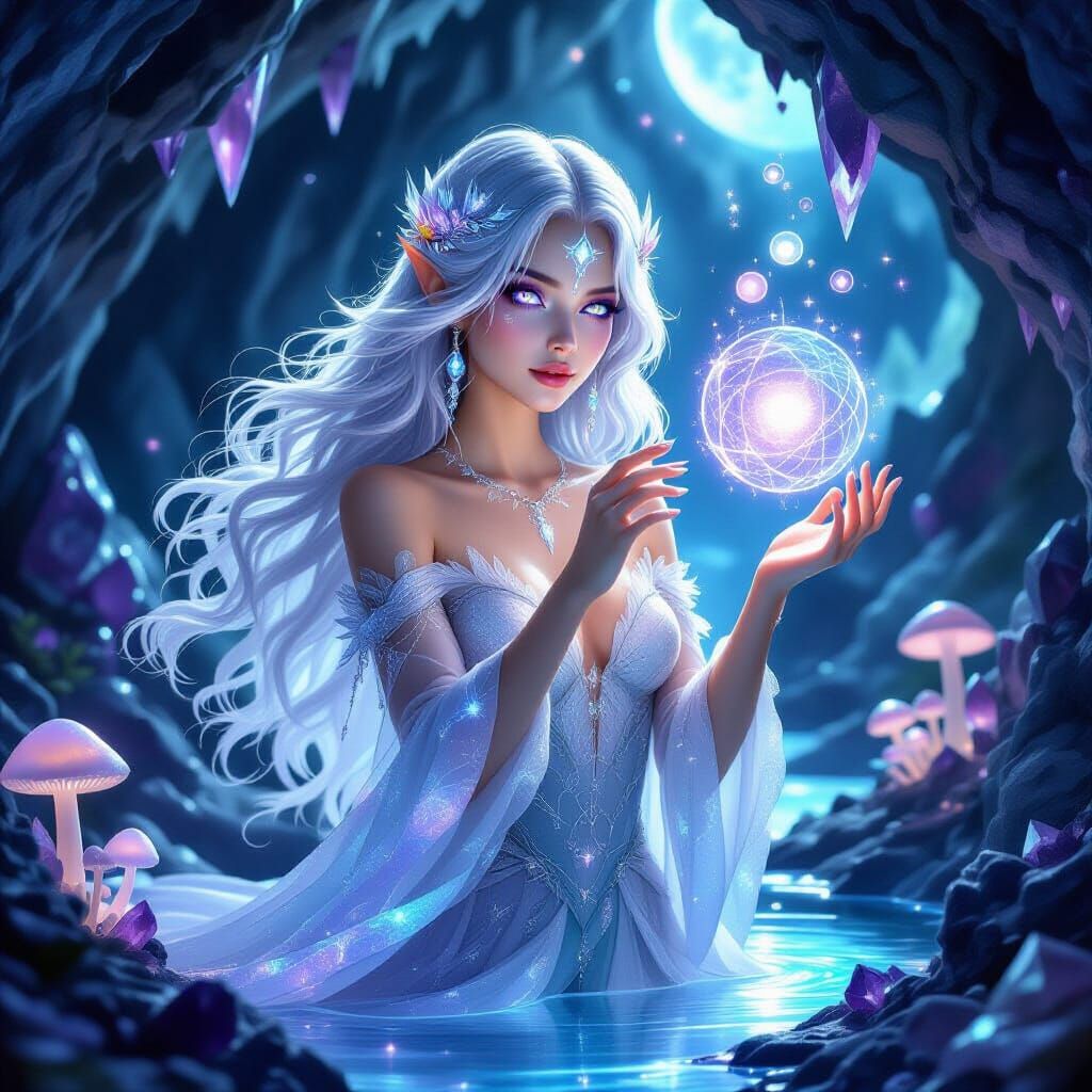 Lunar Enchantress in Crystal Cavern: Ethereal Fantasy Art