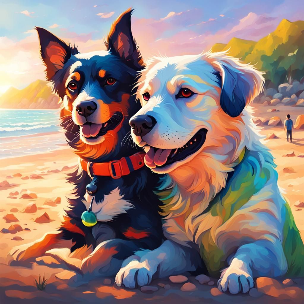 Two Cute Dogs Hugging on a Sunny Beach