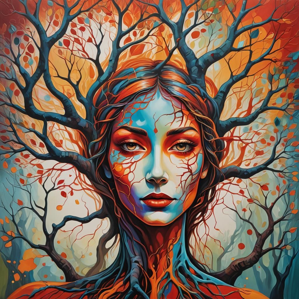 Surreal Woman-Tree Fusion in Graphic Style