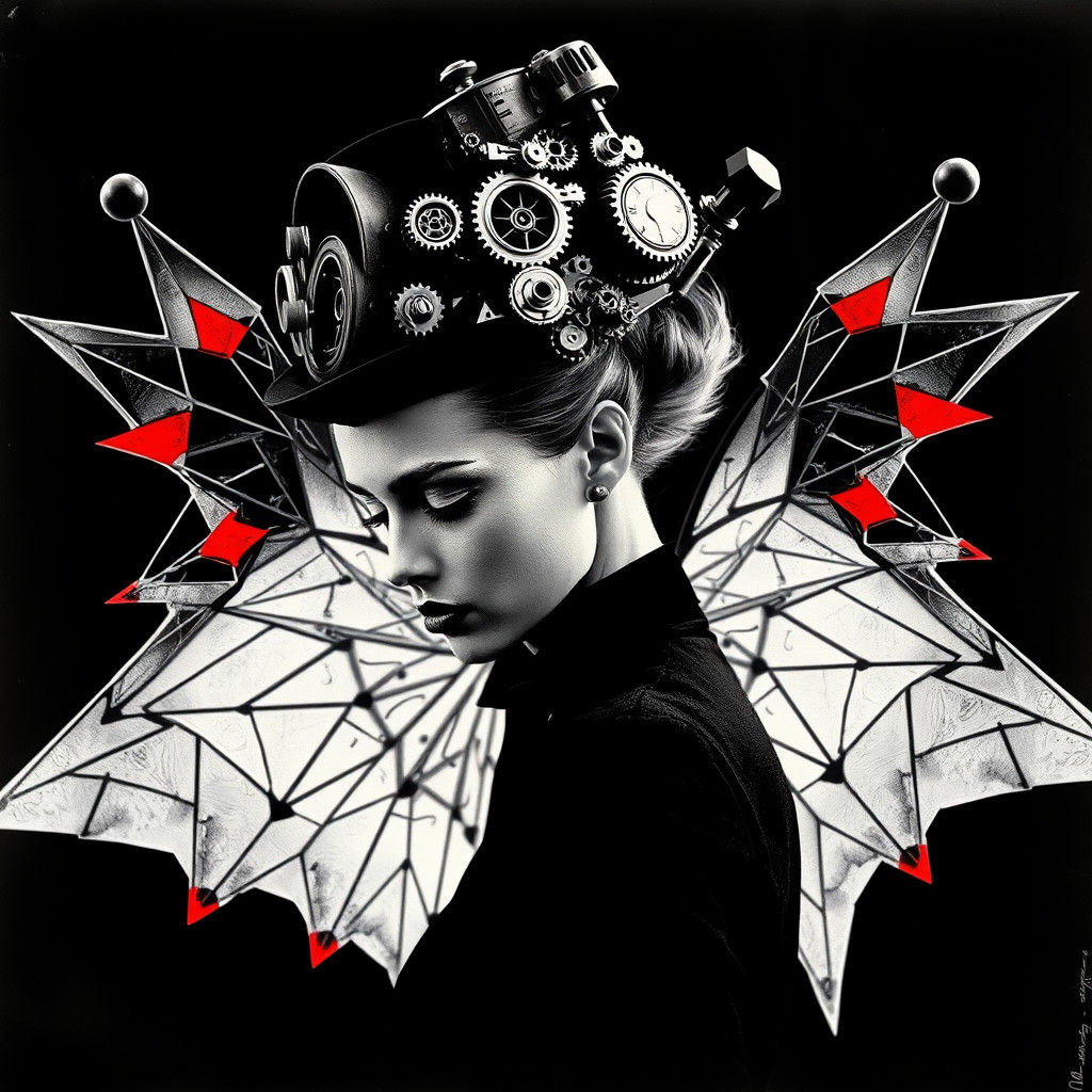 Create a black and white photogram-style image  with geometr...