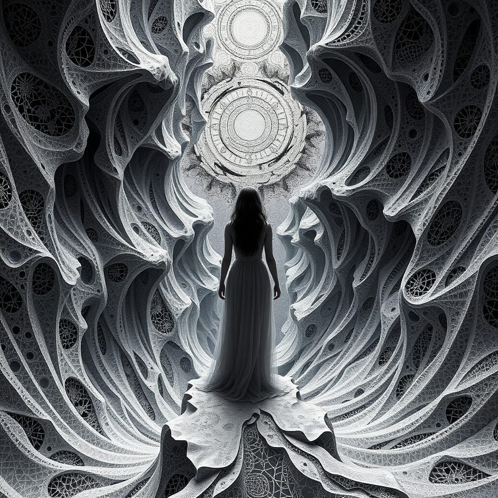 Surreal Woman at the Edge of a Fractal Chasm