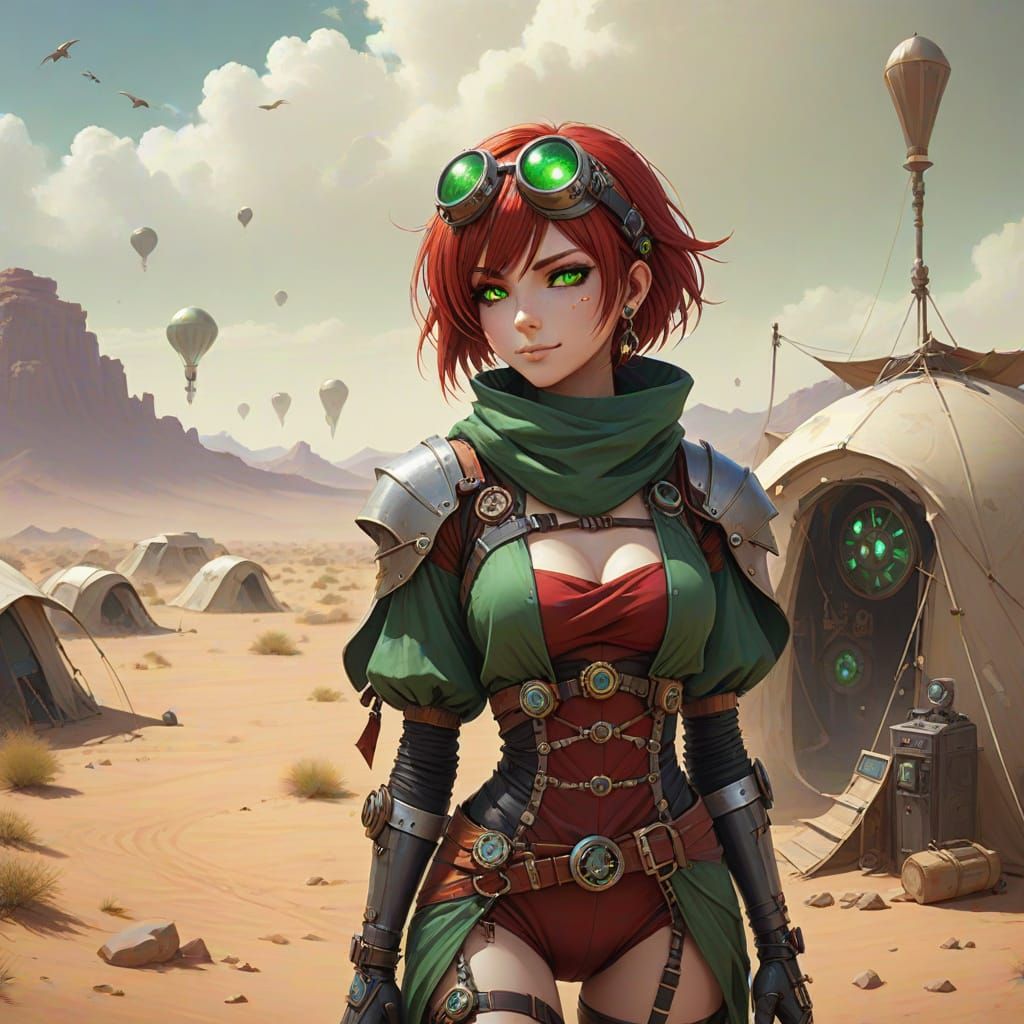 Steampunk Cyborg Wind Mage in Barren Desert