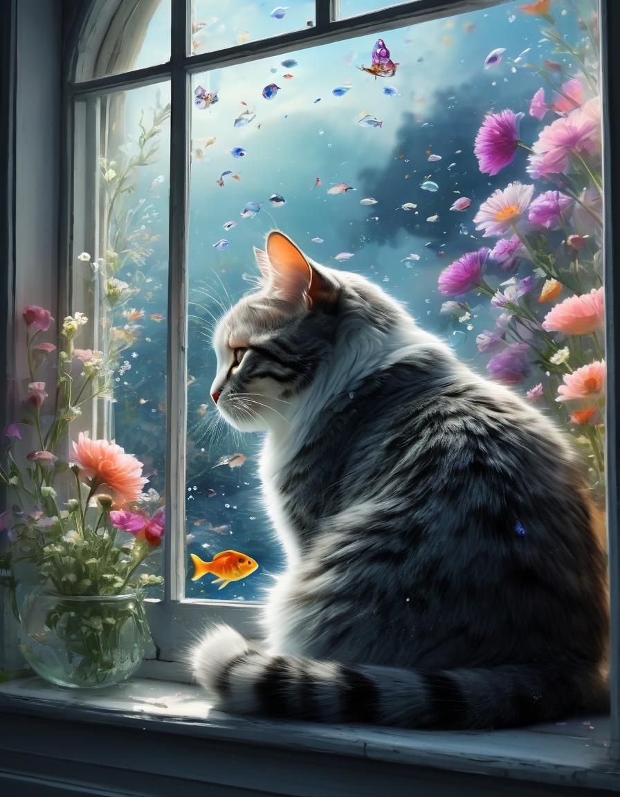 Dreaming Cat in a Floral Window, Fantasy Art