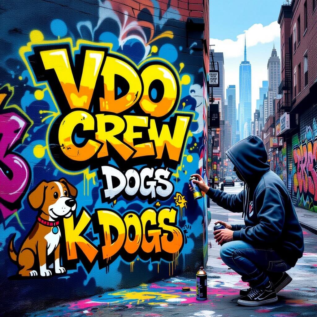 Urban Alley Graffiti Mural with Artist and Dog Characters