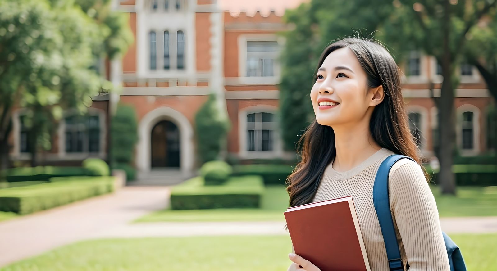 Asian Student Girl in Front of Old University Building Cinem...