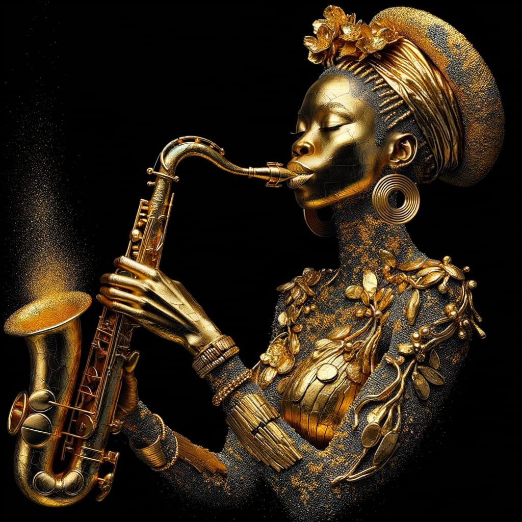 Golden Saxophonist: Maximalist 3D Collage Art