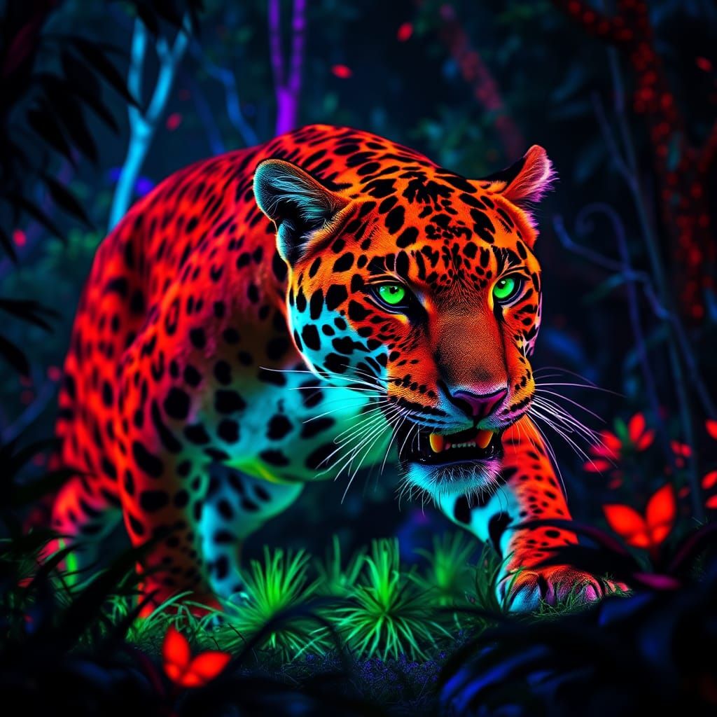 Luminescent Jaguar in Fluorescent Forest