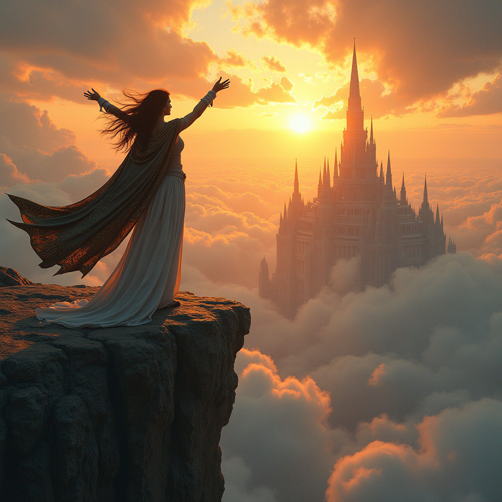 Empowered Woman Overlooking Mystical Cityscape in Fantasy Ar...