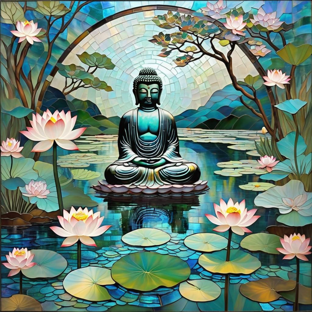 Stained glass mosaic, Buddha Garden, lotus, pond, iridescent, ukiyo-e, ethereal