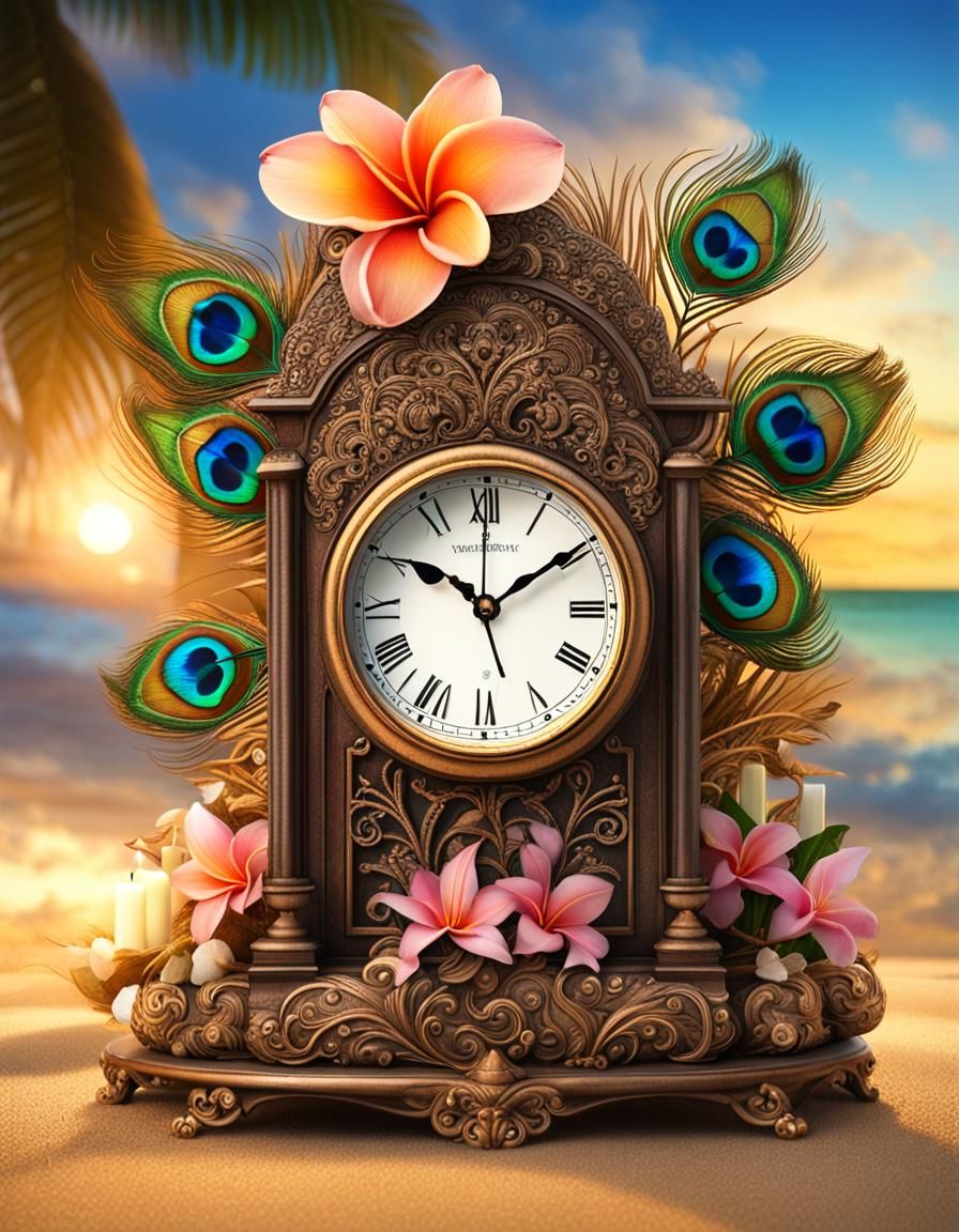 Majestic Alarm Clock on Tropical Beach at Sunset