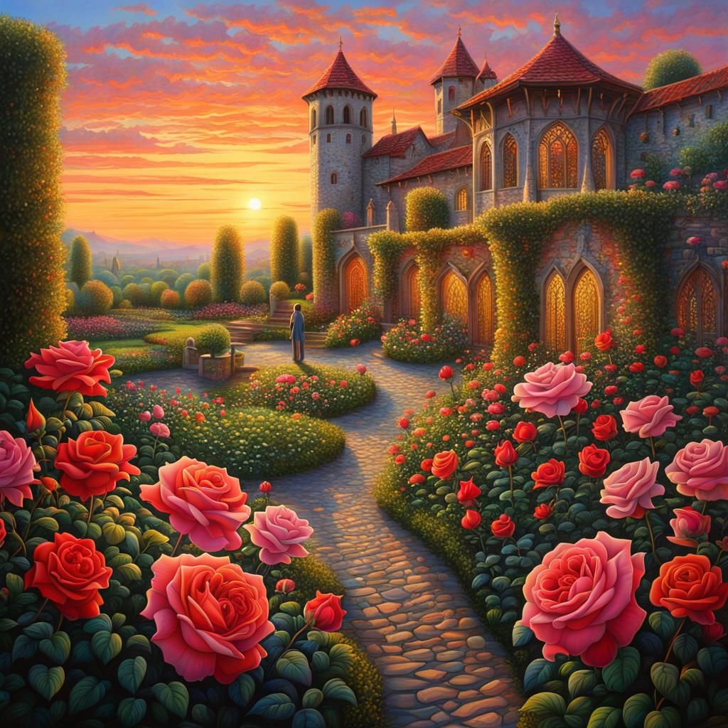Medieval Rose Garden at Dawn: A Colorful Scene