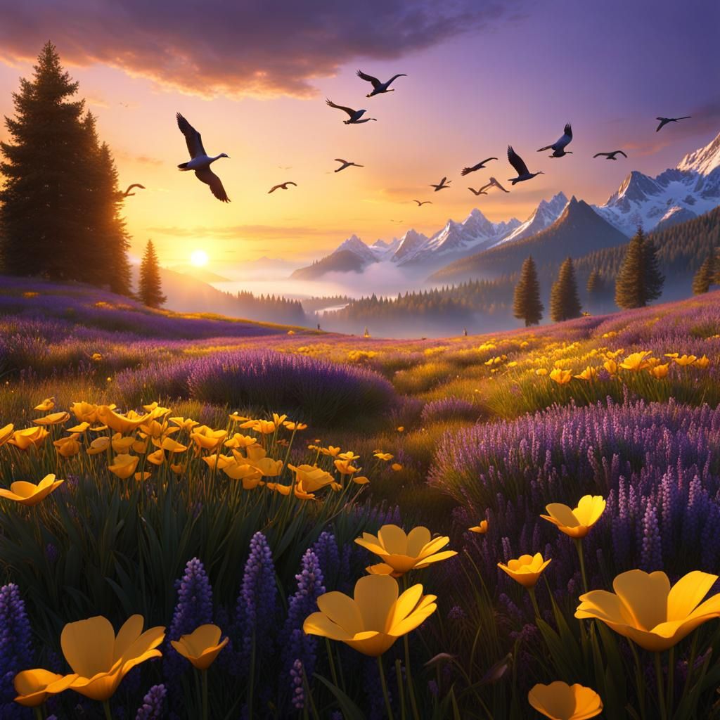Golden Flower Meadow with Geese: Fantasy Art