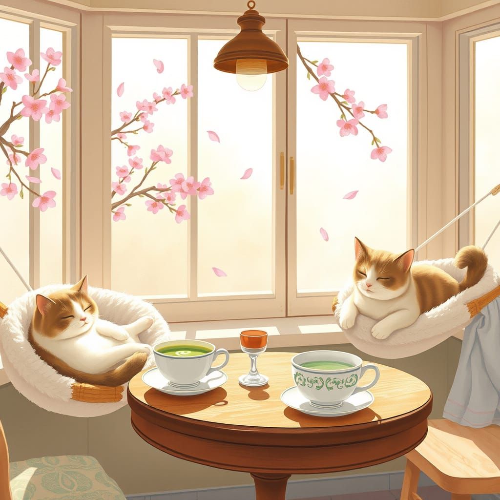 Surreal Cat Café in Whimsical Watercolor Style