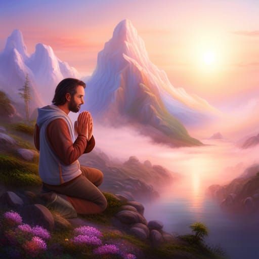 Man Praying on Mountain in Ethereal Style