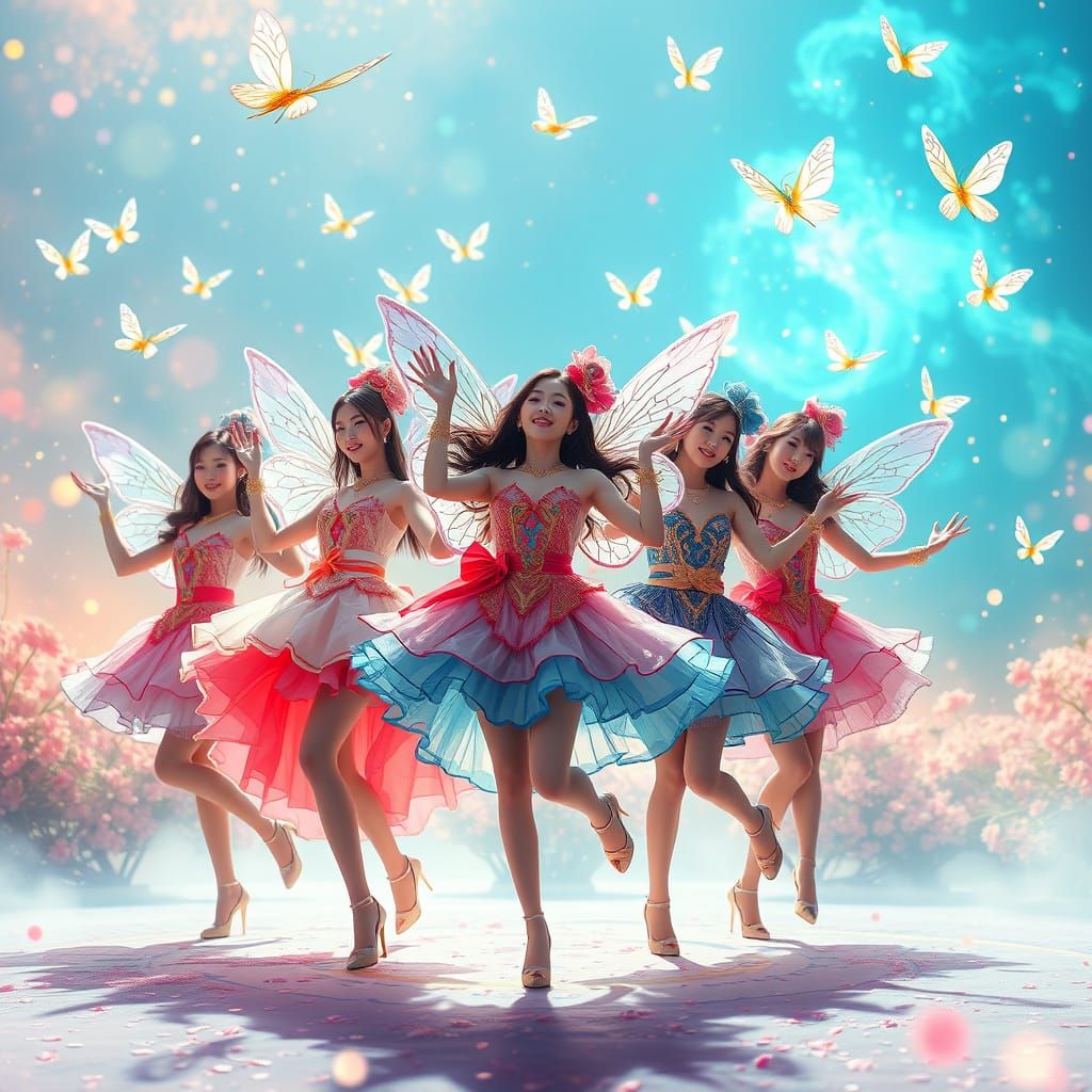 K-Pop Group Dancing with Fairies: Anime Style