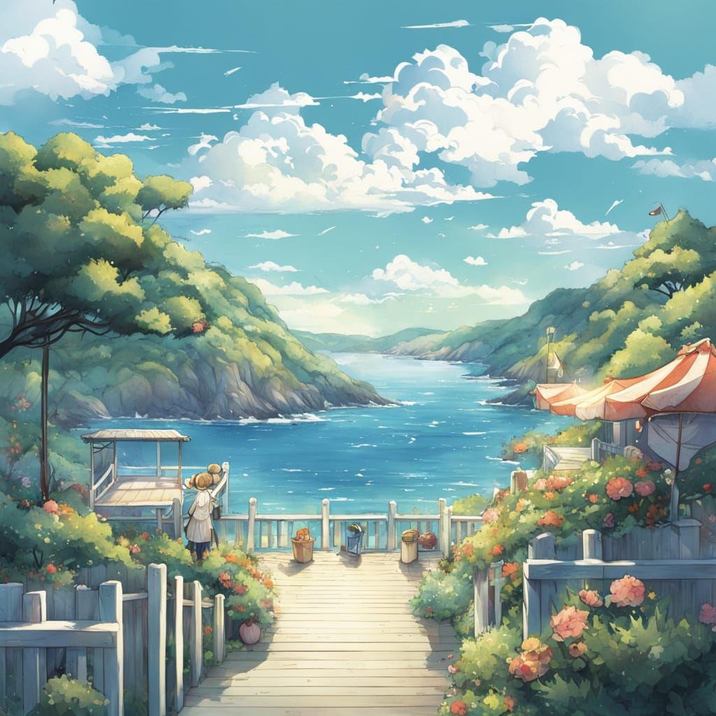 Seaside Anime Art in Vibrant Japanese Manga Style