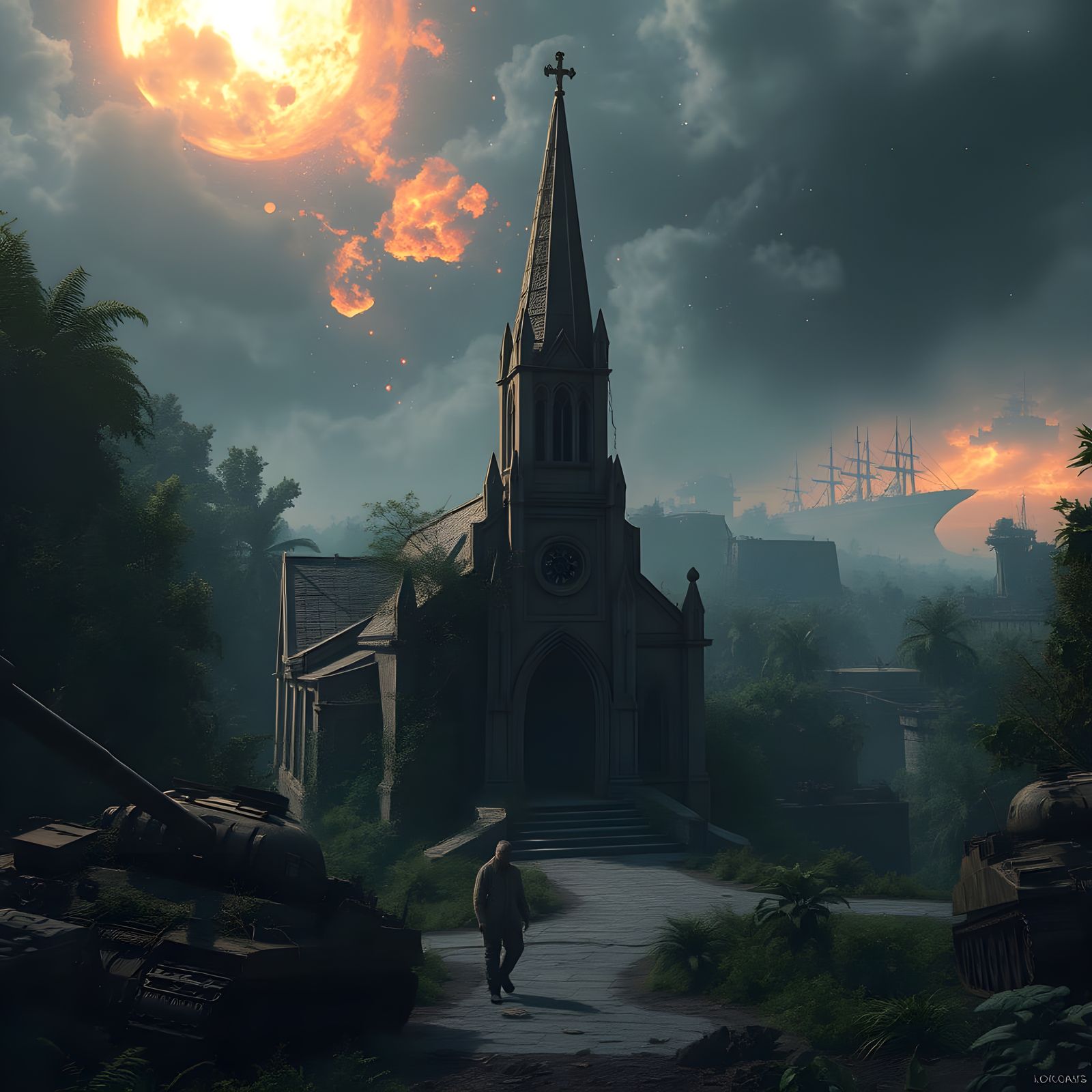 Dystopian Post-Apocalyptic Jungle Landscape at Dusk