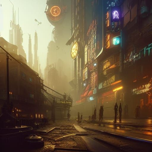 Steampunk Night City: Dark Fantasy Concept Art
